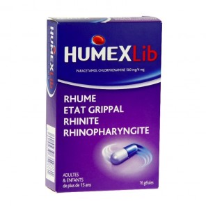 HumexLib paracétamol chlorphenomine 500mg/4mg 16 gélules