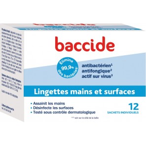 Baccide lingettes individuelles 12 lingettes mains et surfaces