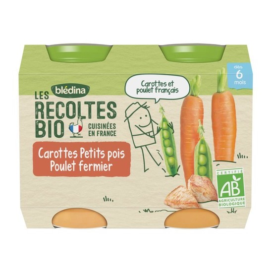 Blédina les récoltes bio pots carotte petits pois poulet 2x200g