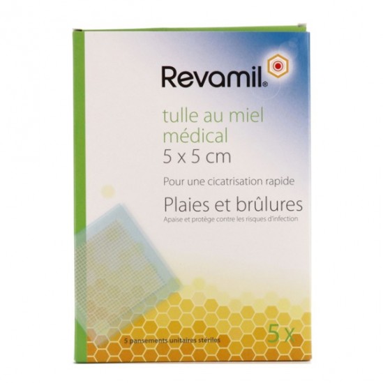 Revamil® Tulle au miel médical 5x5cm 5 pansements